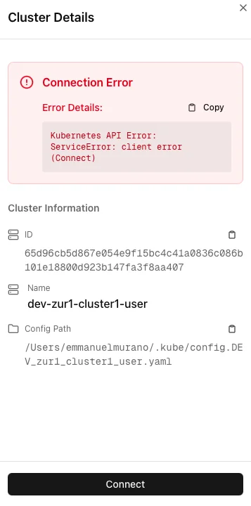 Cluster details sidebar showing connection error