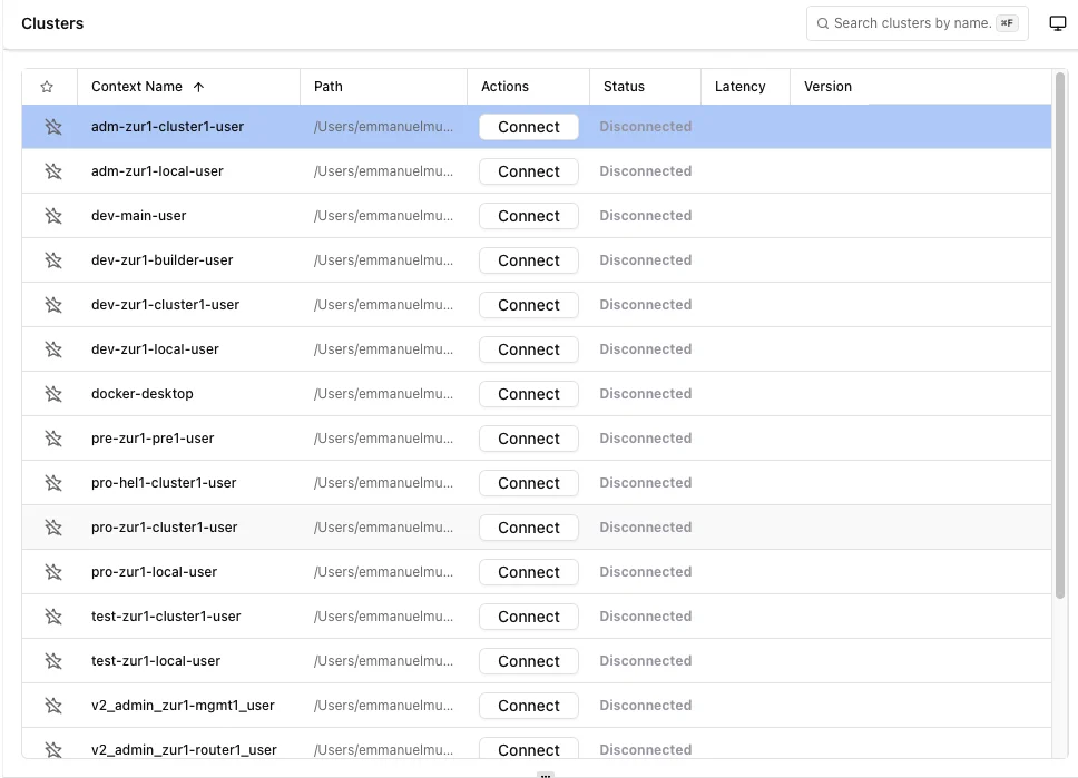 Clusters table showing all available contexts