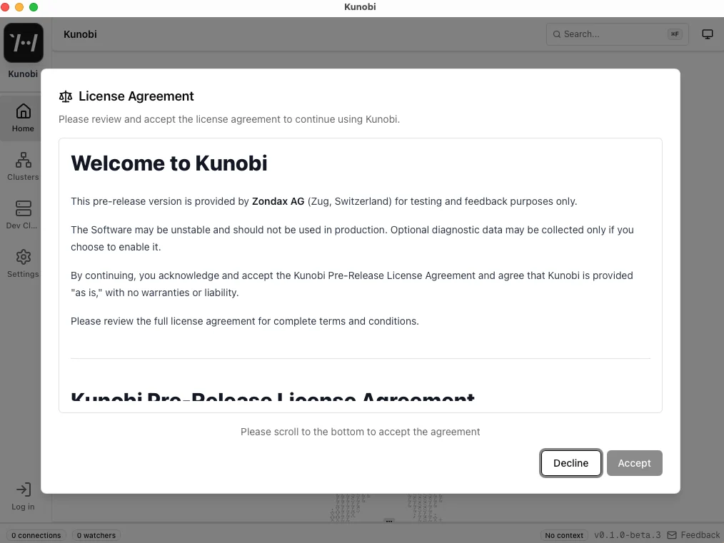 License Agreement modal on first launch