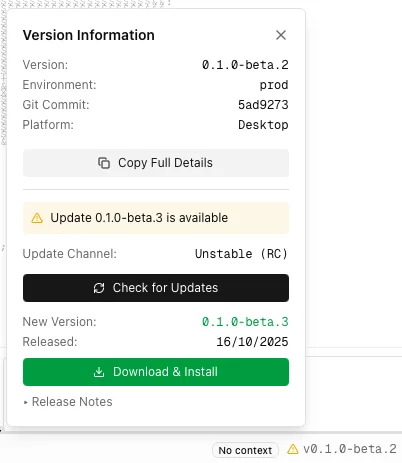 Expanded version popup with update details and Download & Install button