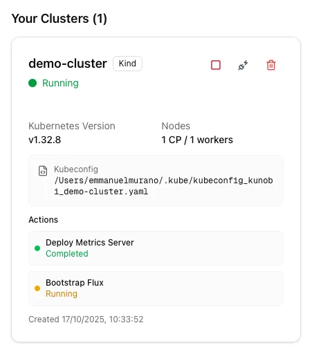 Cluster card with actions in progress