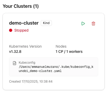 Cluster card showing Stopped status