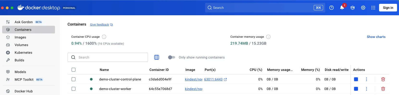 Docker Desktop showing Kind cluster containers