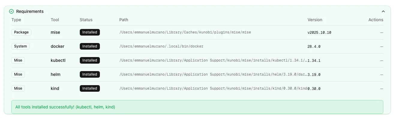 Requirements panel showing all dependencies installed