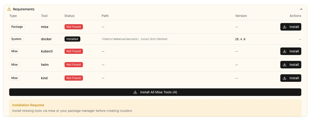 Requirements panel showing missing dependencies